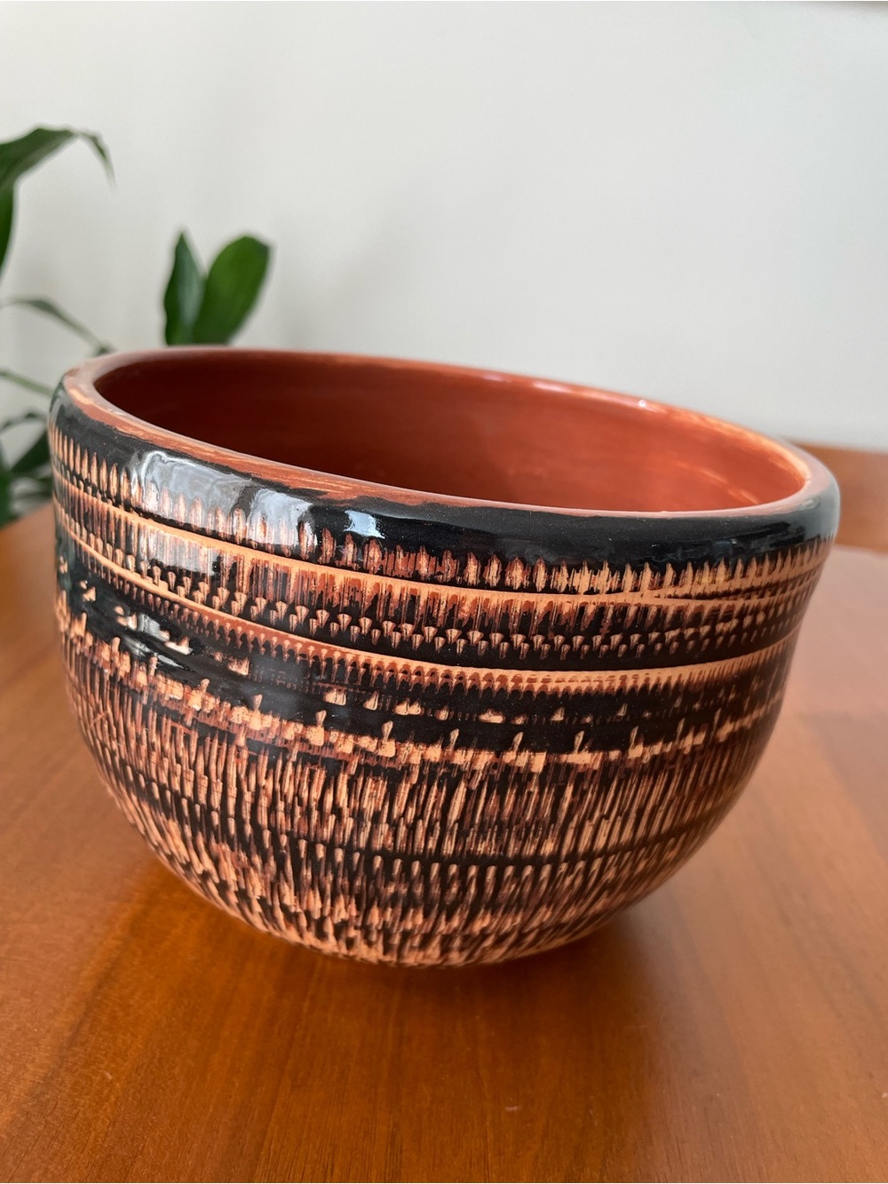 Terracotta and Black Patterned Ceramic Accent Bowl